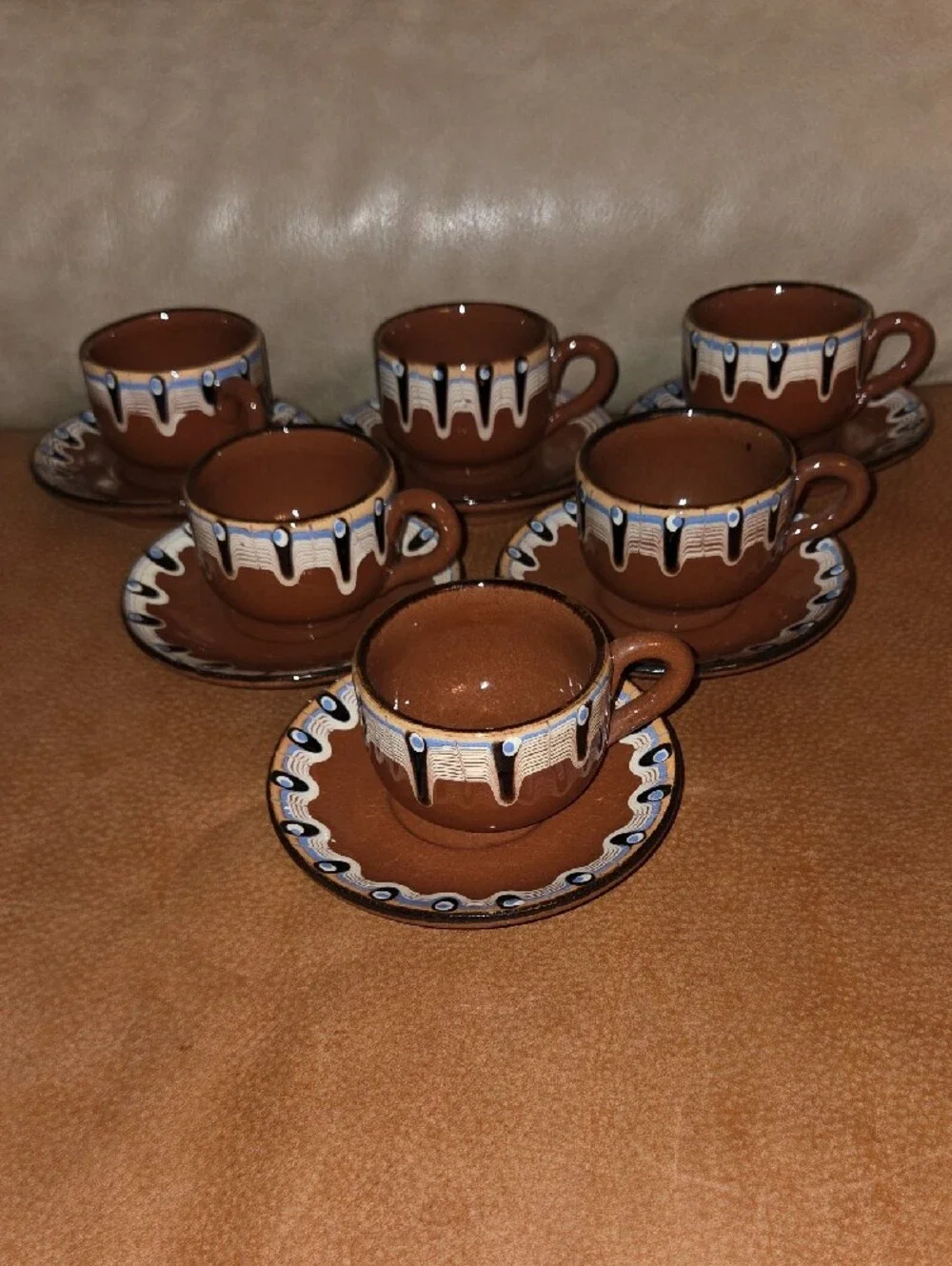 Bulgarian Troyan Hand-Painted Brown Ceramic Tea Set with White and Blue Accents